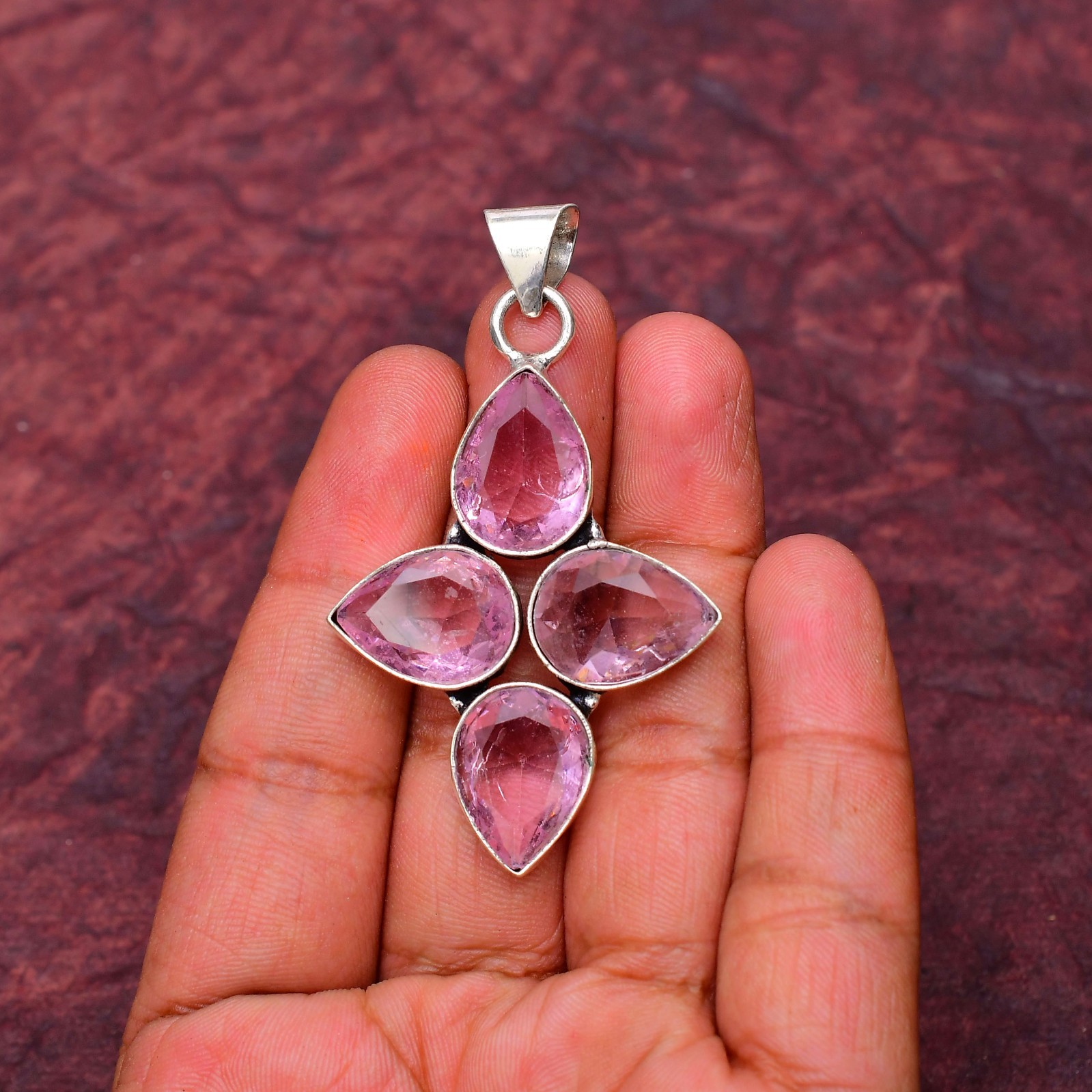 Pink Kunzite Gemstone 925 sterling silver Handmade Cross Pendant jewelry 2.28″