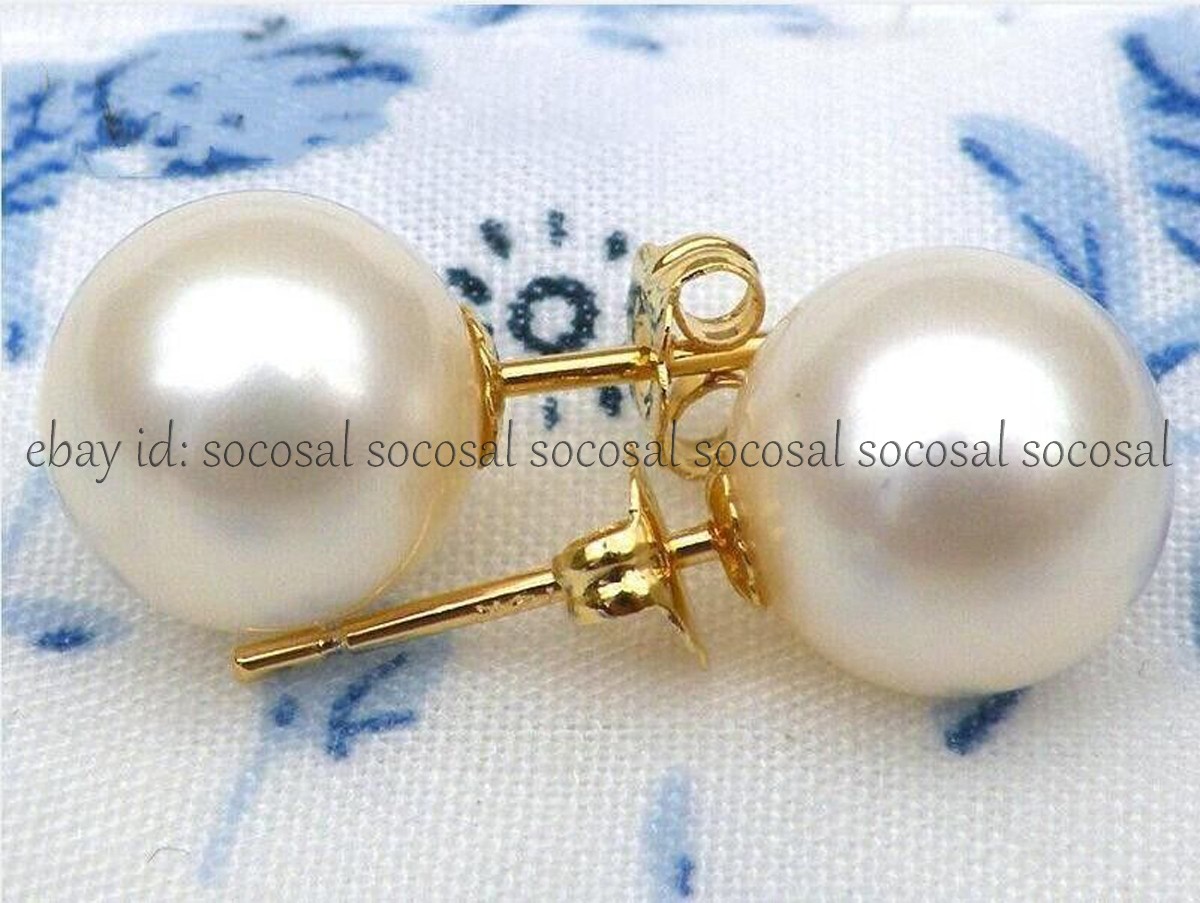 Perfect Genuine Natural Round White South Sea Pearl Stud Earrings 14K Gold