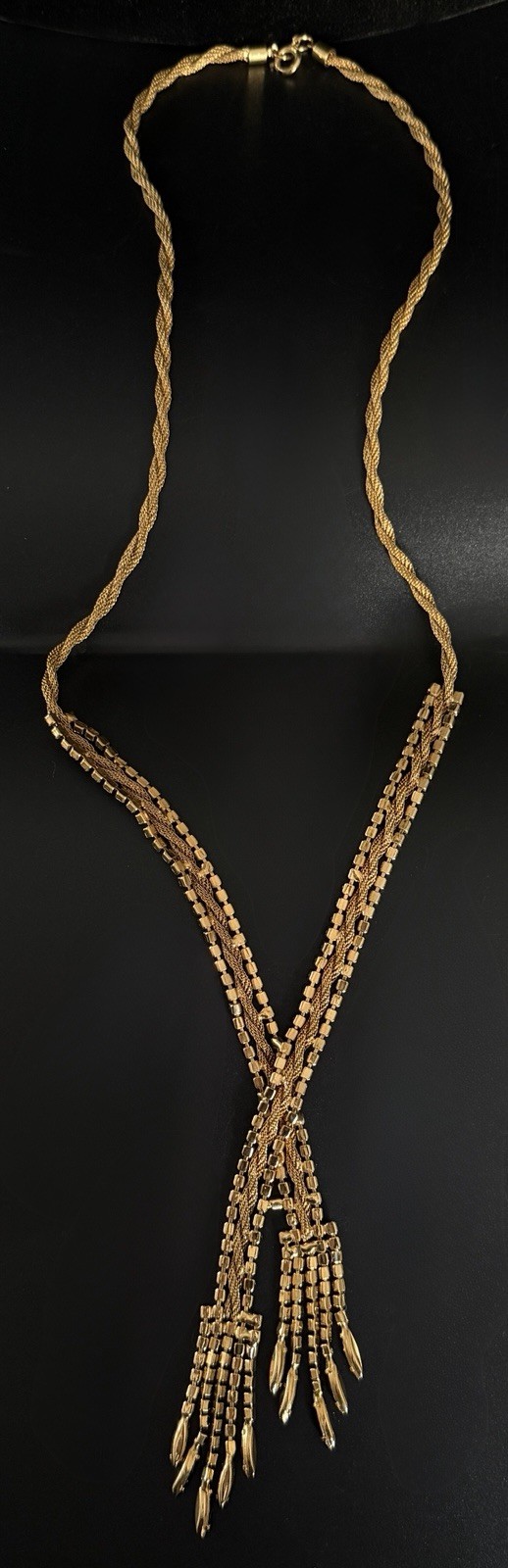 Vtg 50’s 60’s Fixed Lariat Waterfall Necklace Gold Mesh Black Rhinestone Tassel!