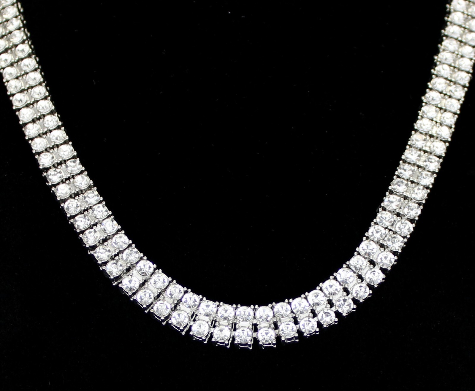 Men Women 2 Row Iced Tennis Necklace Silver Plated Choker Chain Cz Hip Hop