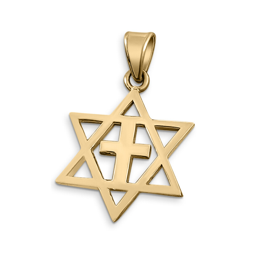 Solid 10K Yellow Gold Messianic Star of David with Cross Pendant, 3 Sizes