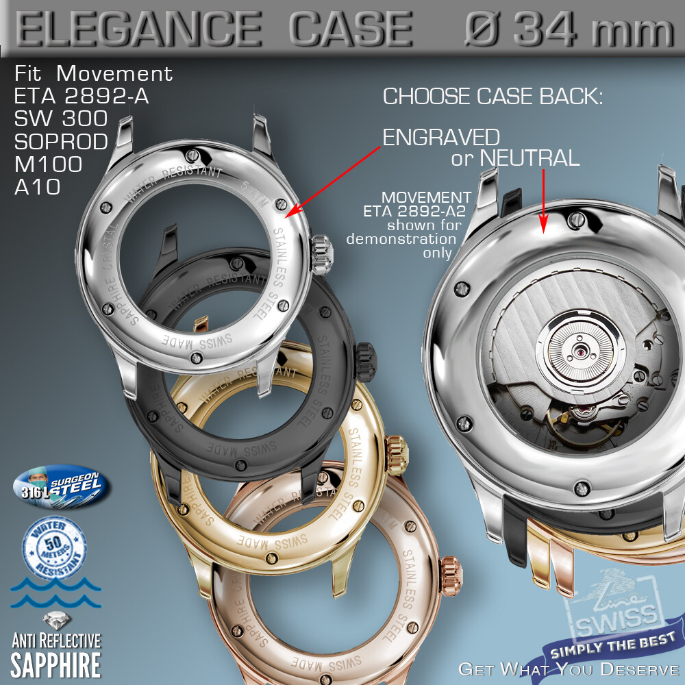 WATCH CASE ELEGANCE Ø 34mm, ETA 2892-A2, SW 300, M100, A10, ST, BL, GOLD, R-GOLD