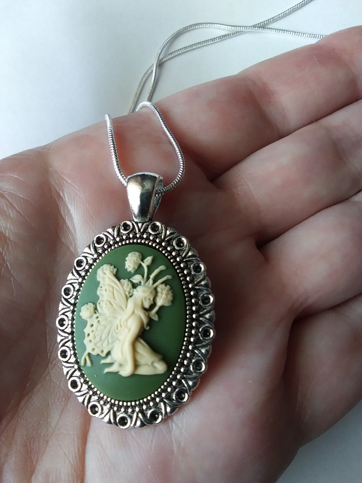 Fairy Scottish Thistle Cameo Green necklace 925 sterling silver chain 20″