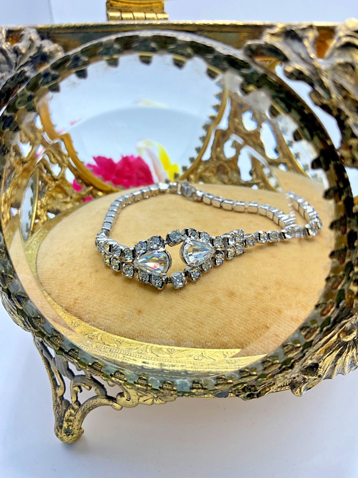 Vintage Unsigned Clear Rhinestone Tennis Bracelet Pear Cut Silver Tone 7”