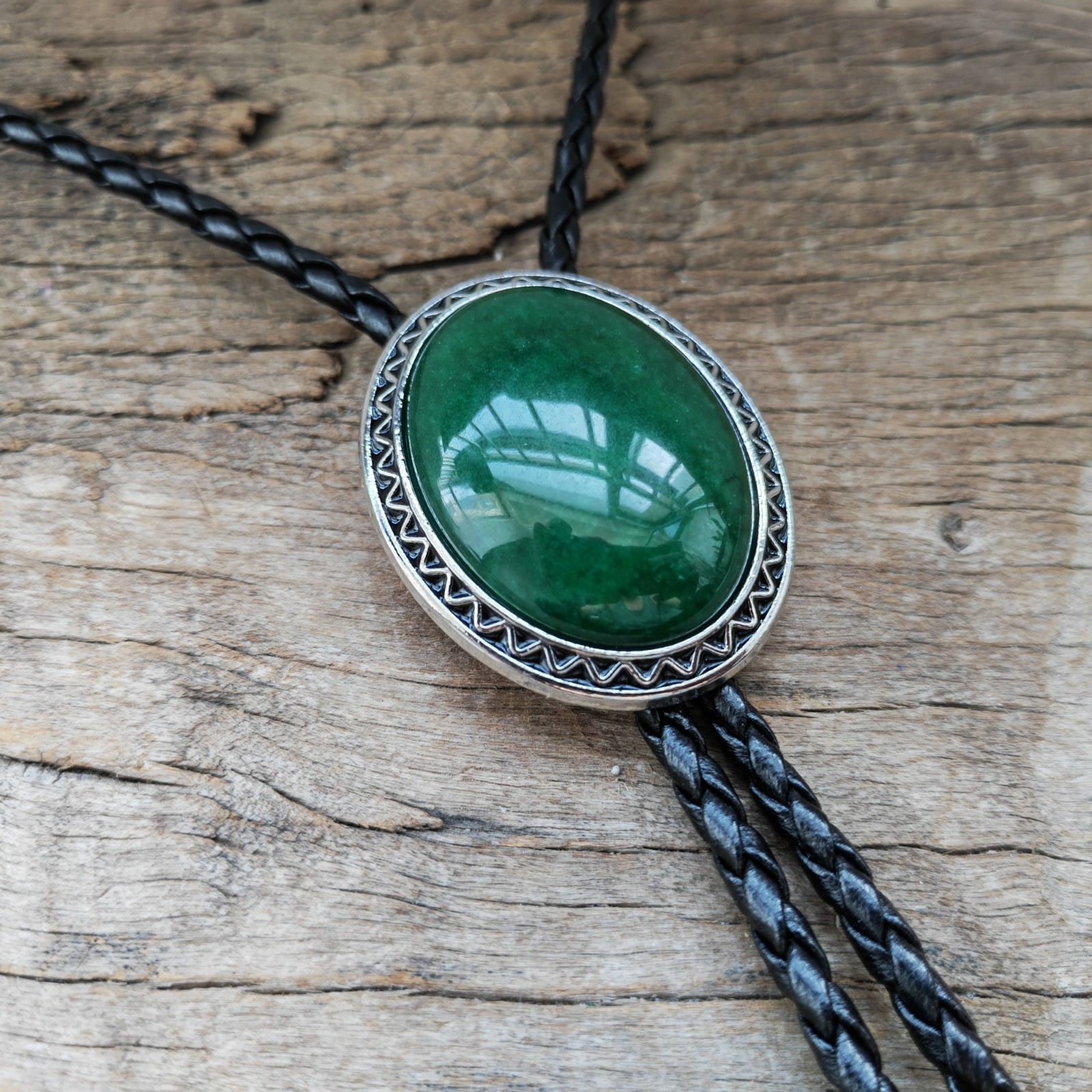 Dark Green Jade Mens Bolo Tie Wedding Necklace PU Leather Rope Western Cowboy