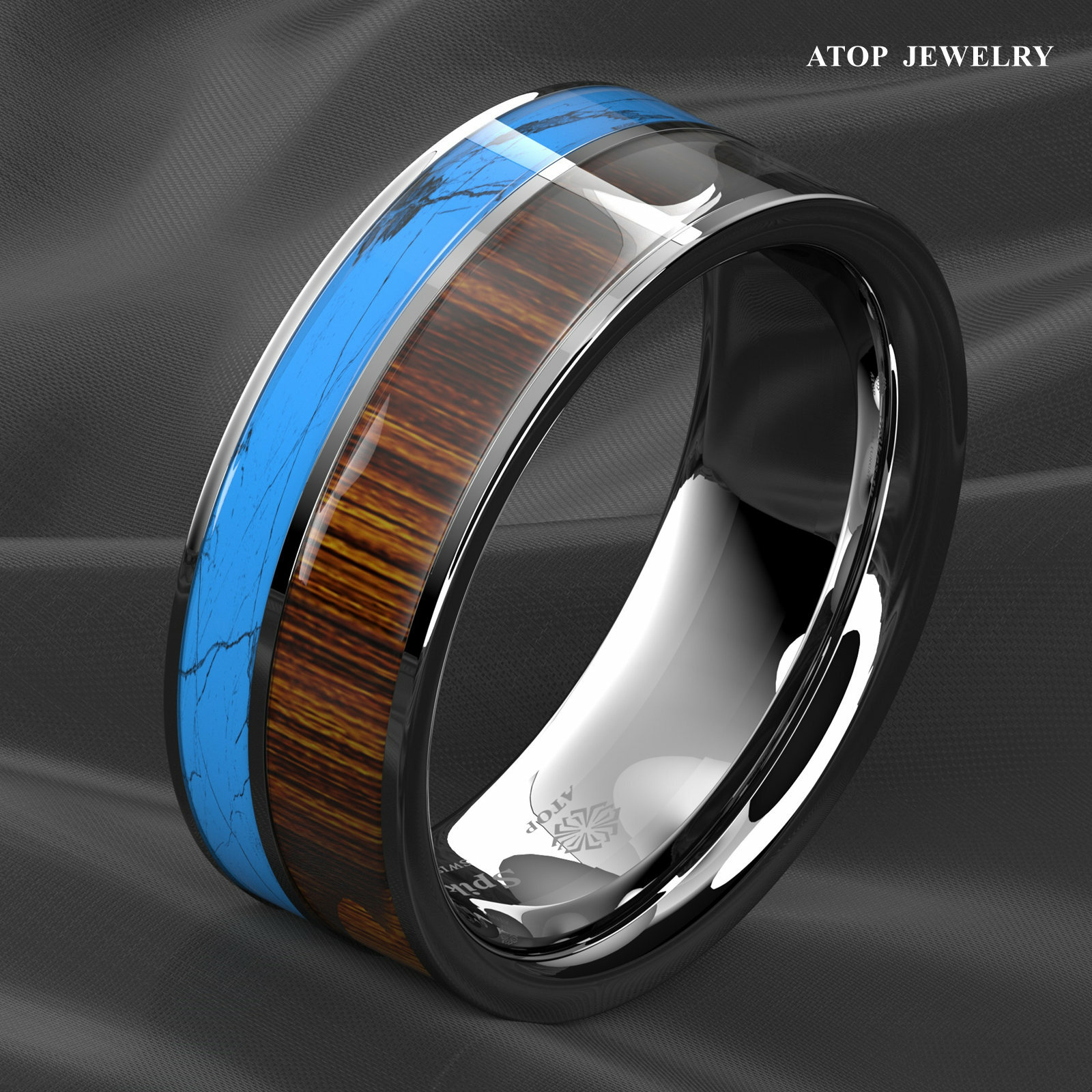 8mm Tungsten Men’s Ring Silver Turquoise & Koa Wood Wedding Band ATOP Jewelry