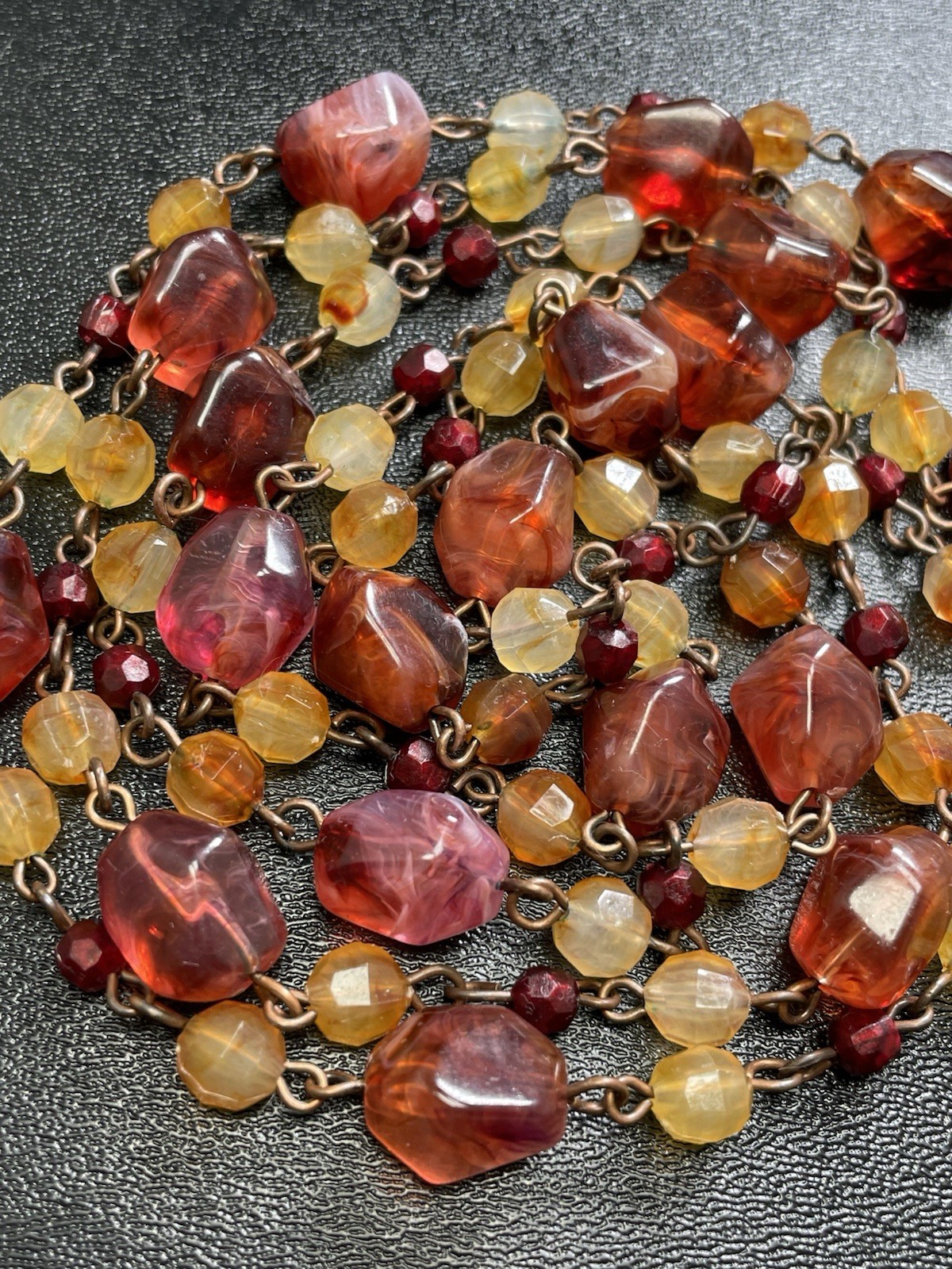 Vintage 48” Red & Orange Chunky Lucite Beaded Chain Necklace