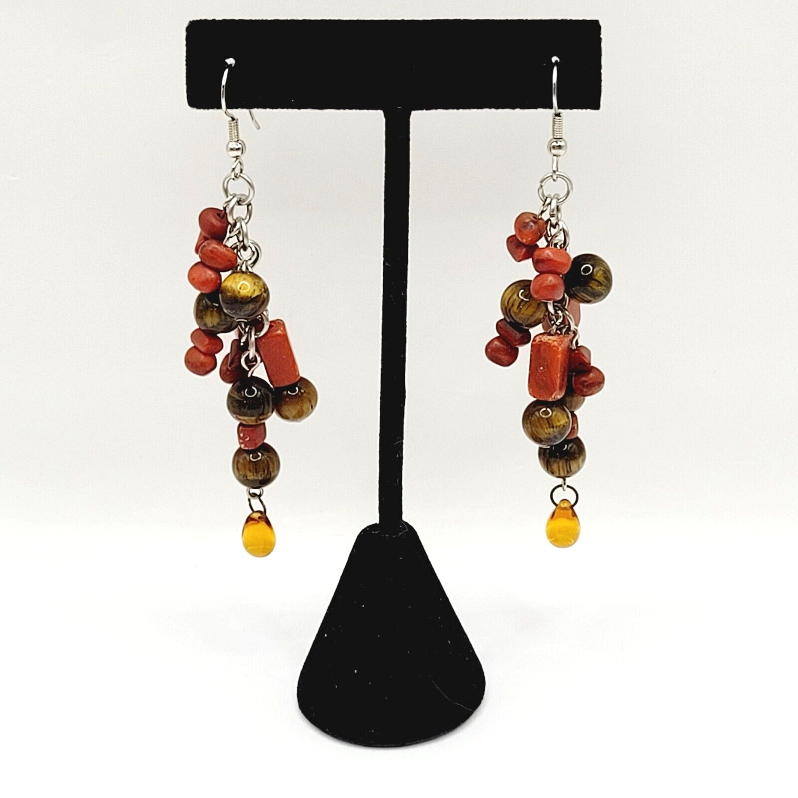 Modern Multi Shape Natural Stone Glass End Long Drop Dangle Hook Pierced Earring