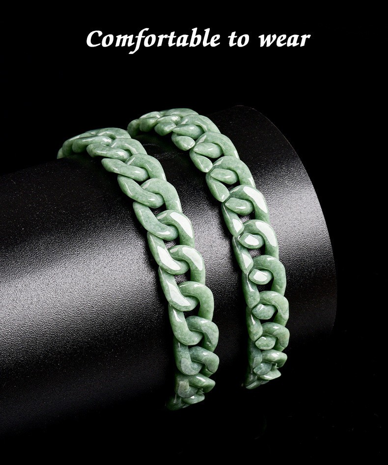 Certified Grade A Natural Green Jade Jadeite Cuban Curb Link Bracelet 5.9-9.4″