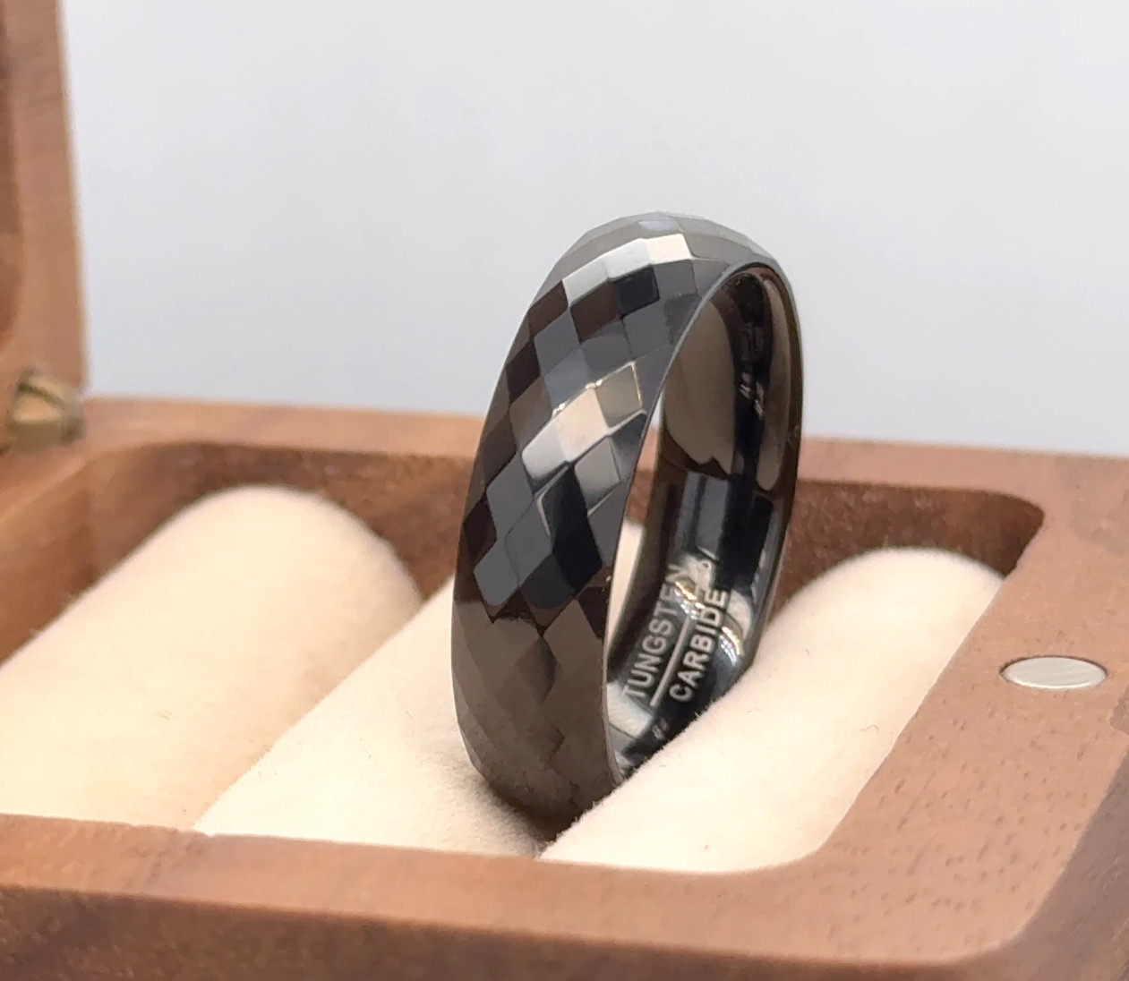 Black Tungsten Wedding Band – High Polish Faceted 6mm Ring for Her