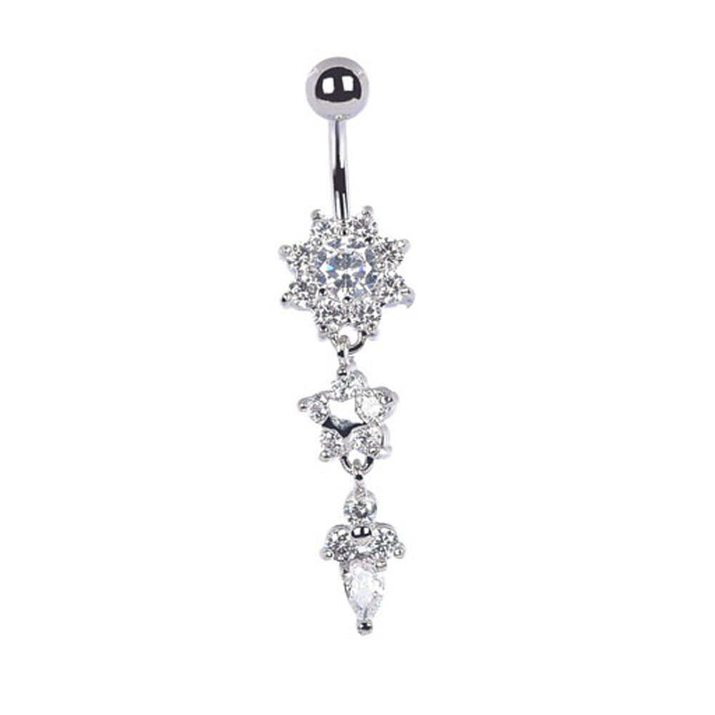 CZ Flower Belly Button Ring Surgical Steel Dangle Navel Bar Barbell Piercing 14g