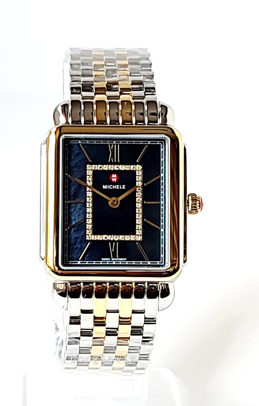 MICHELE SWISS DECO II DIAMOND 2 TONE NAVY FACE WATCH, MWW06X000050 NIB