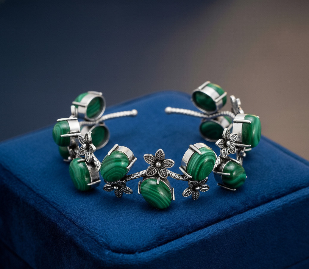 925 Sterling Silver Natural Malachite Gemstone Handmade Jewelry Cuff Bracelet
