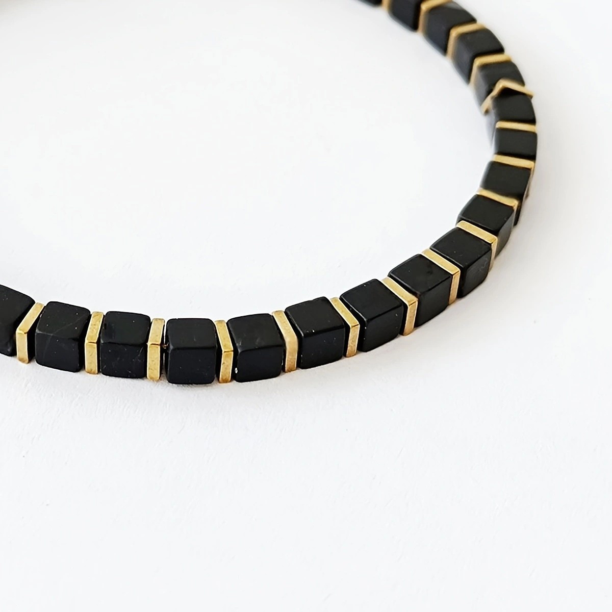 Genuine Black Onyx Bracelet Square Gemstone Beads Mens Womens Jewelry 7.8in