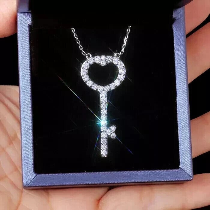Round Cut Simulated Diamond Pretty Heart Key Fancy Pendant 14k White Gold Plated
