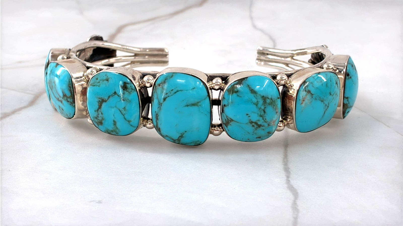Chaco Canyon Kingman Turquoise 7 Stone Cuff Sterling Silver Bracelet Size 6.25in