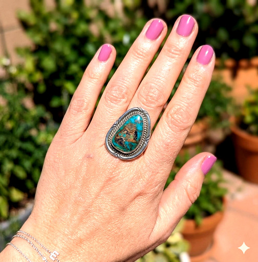 Vintage Native American Turquoise Sterling Silver Ring S-9 25x15mm 12gr No Mark