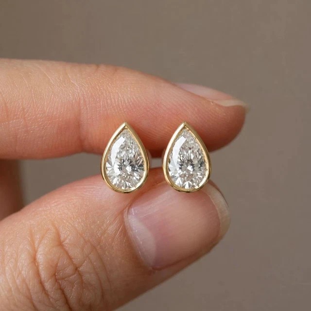 2.Ct Pear Cut Lab Created Diamond Bezel Set Stud Earrings 14K Yellow Gold Plated