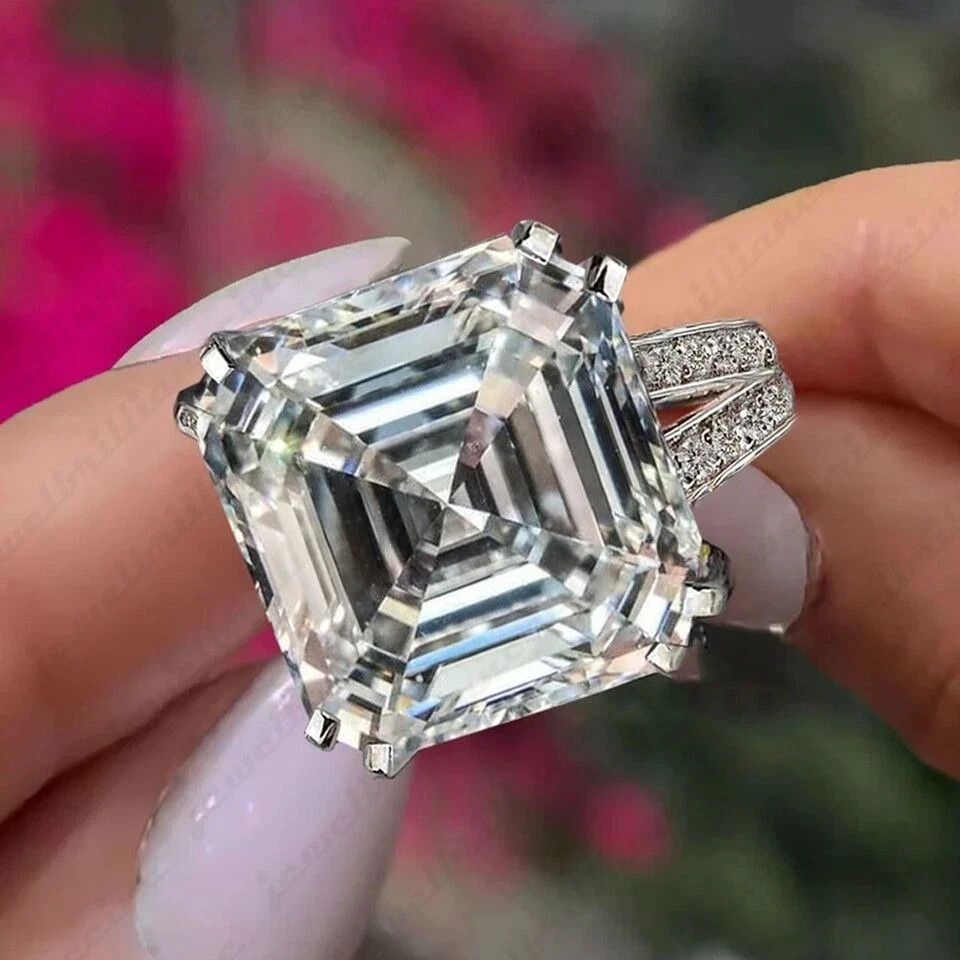 Asscher Cut Moissanite Hidden Halo Engagement Ring 14K White Gold Plated 8.65CTW