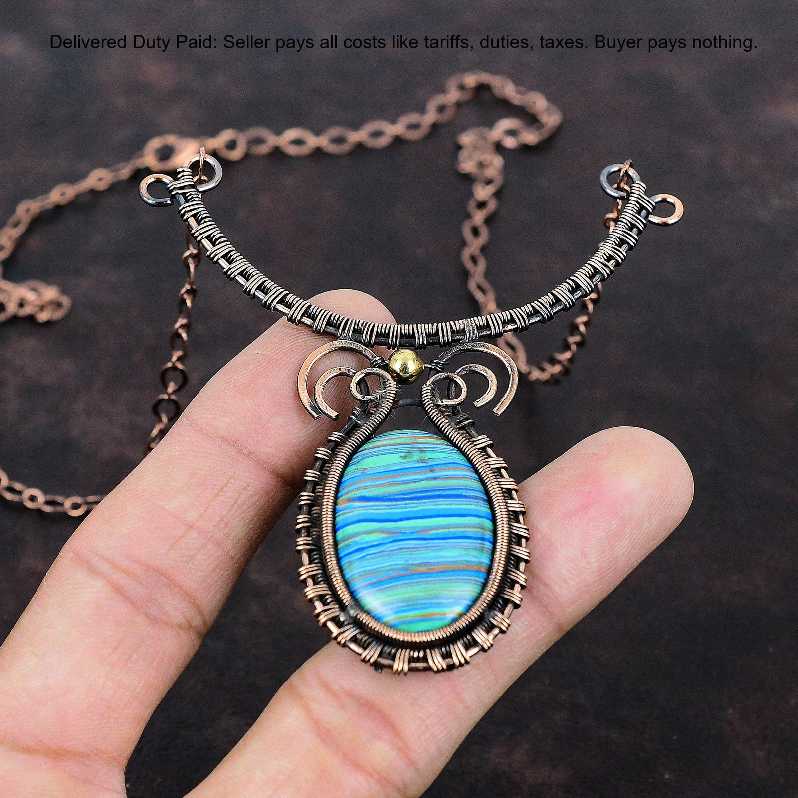 Copper Rainbow Calsilica Stone Chain Wire Wrapped Engagement Necklace Jewelry