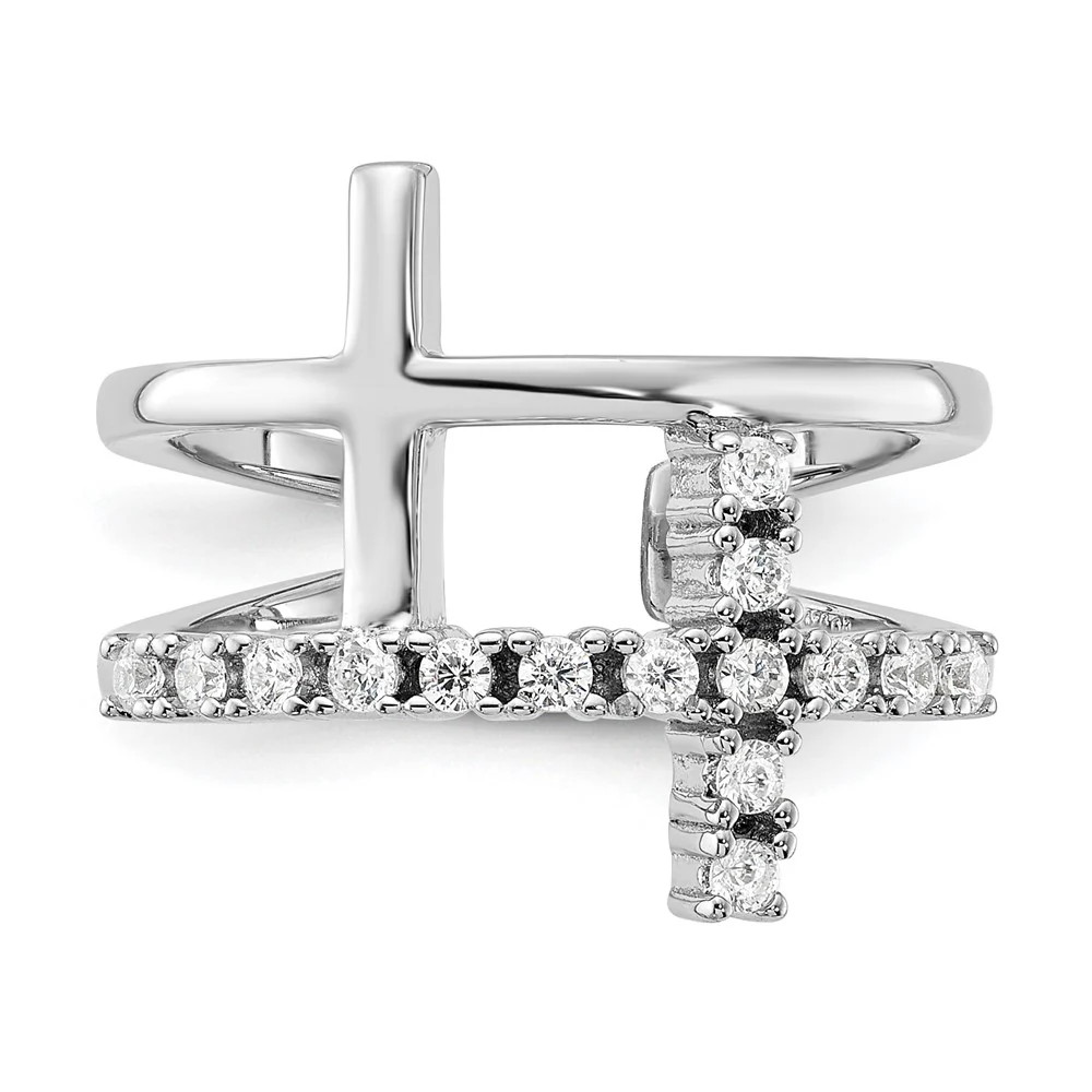 True Fire Sterling Silver Rhodium-Plated Double Cross CZ Open Back Ring