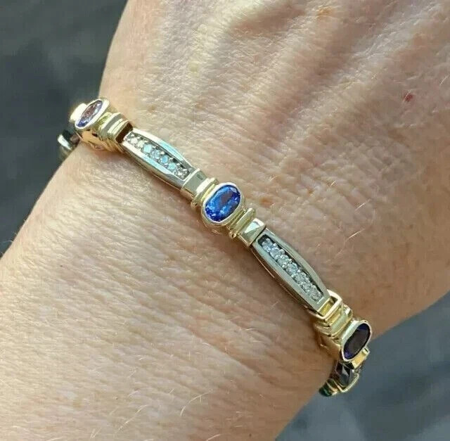 Lab Created 5CT Oval Cut Sapphire 14K Yellow Gold Plated Women’s Tennis Bracelet