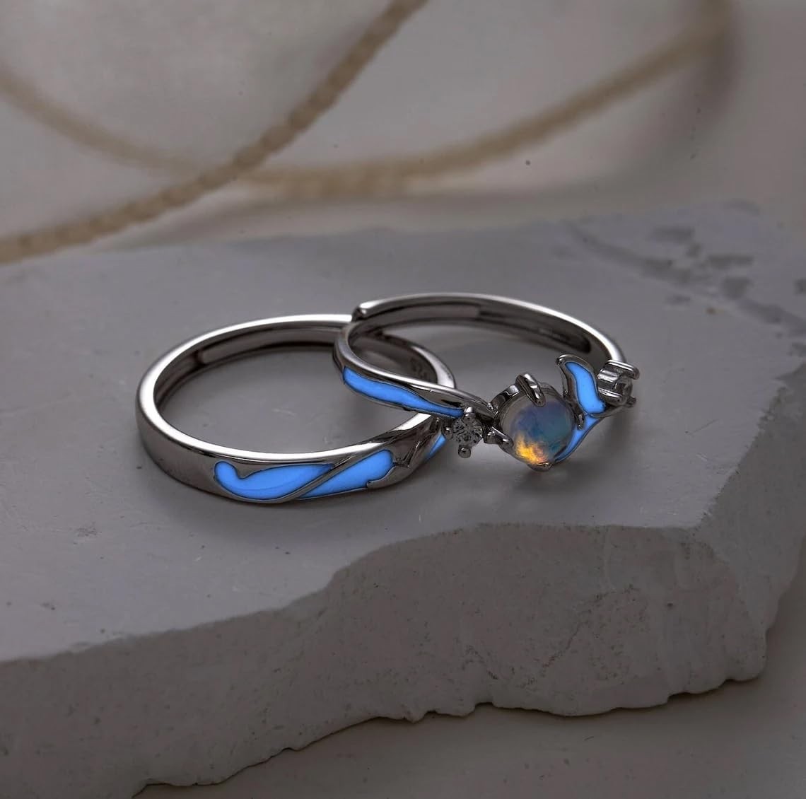 Adjustable Moonstone Silver Promise Rings Set for Couples – Matching Gift for Hi
