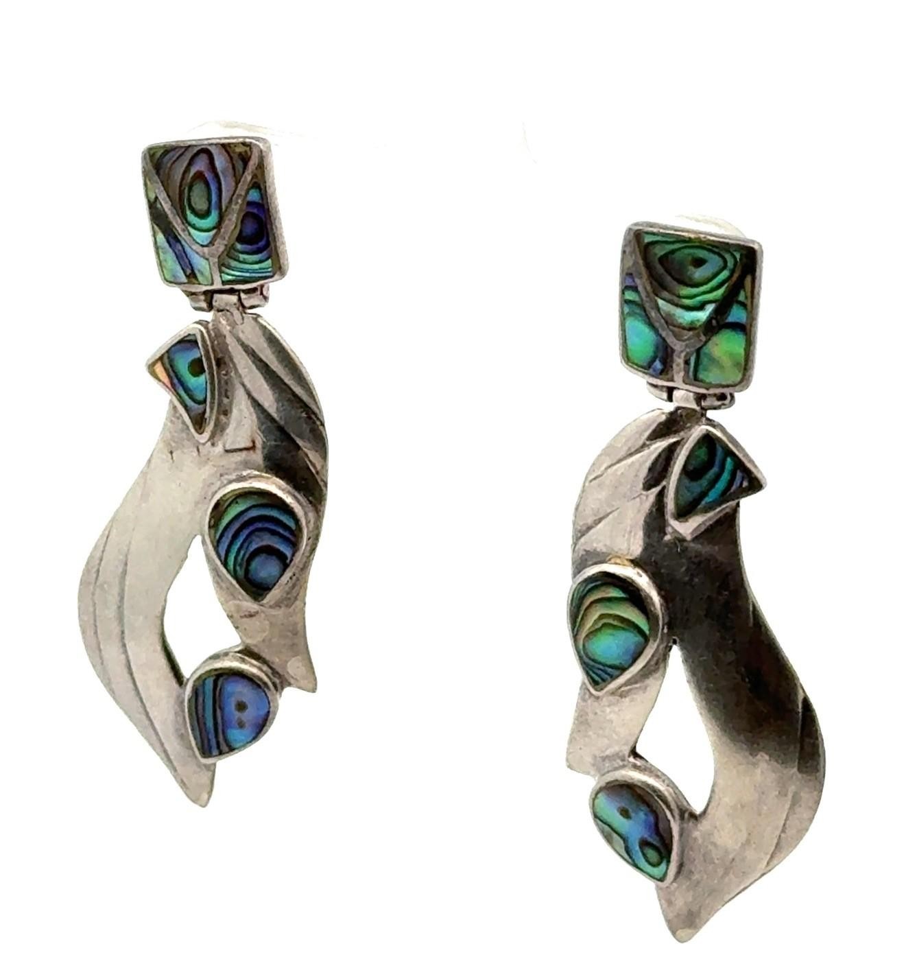 Vintage .925 Sterling Silver Abalone Bezel Set Earrings, 12.0g