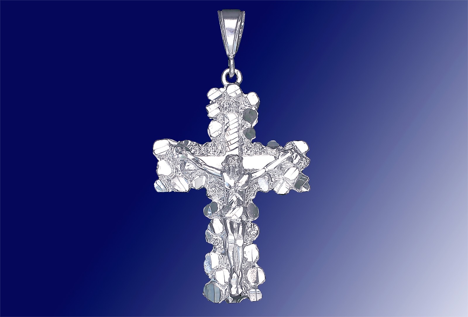 Sterling Silver Nugget Cross with Jesus Pendant Necklace 2.4 Inches 11 Grams