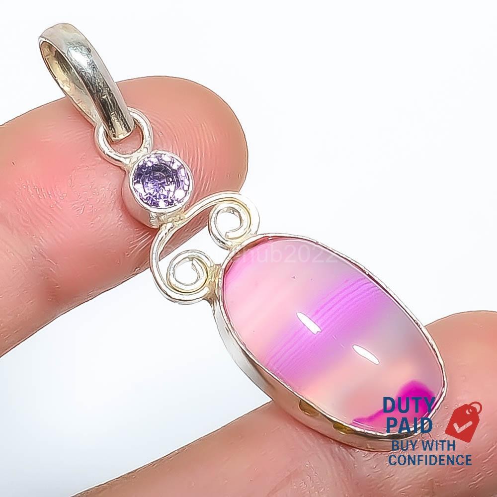 925 Silver Natural Agate Amethyst Birthday Channel Set Wedding Ethnic Pendant