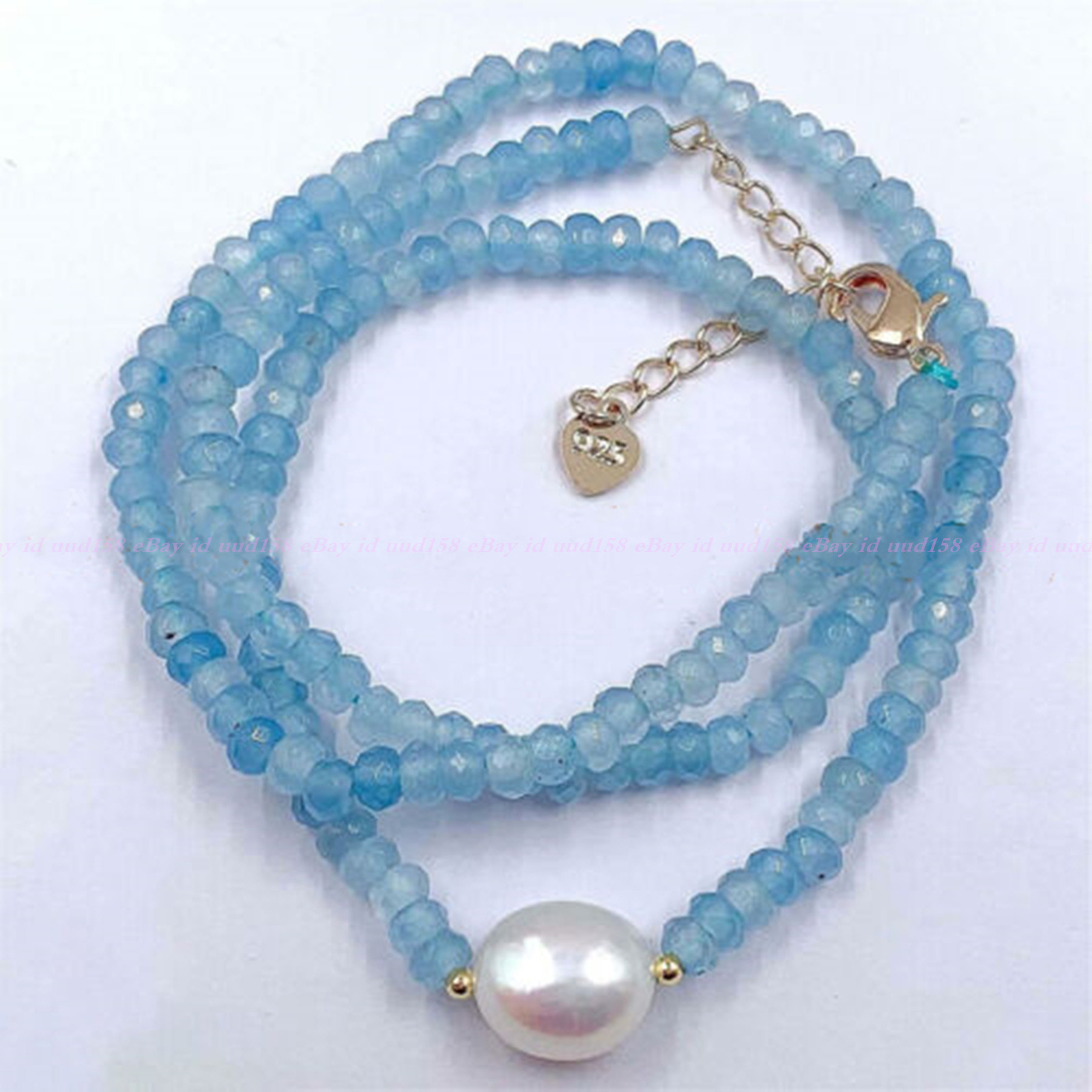 2x4mm Faceted Blue Aquamarine 11-12 Mm White Baroque Pearl Necklace 18″