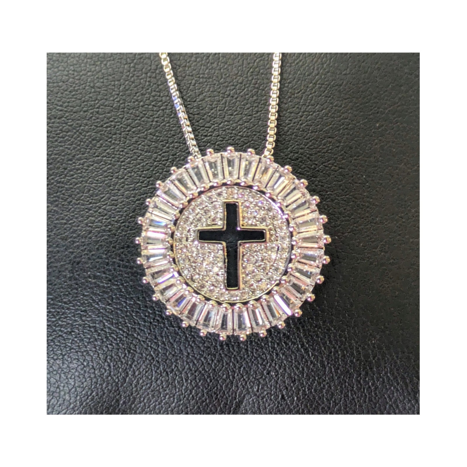 Rhodium Plated Pave Baguette C.Z. Stone Holy Cross Pendant Chain Necklace 16-20″