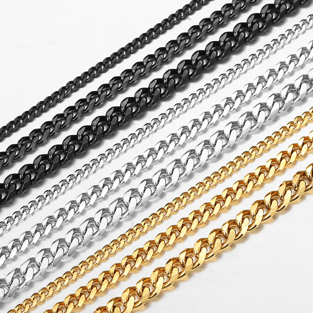 3/5/7/MM Stainless Steel Silver/Black/Gold Plated Cuban Curb Necklace Chain