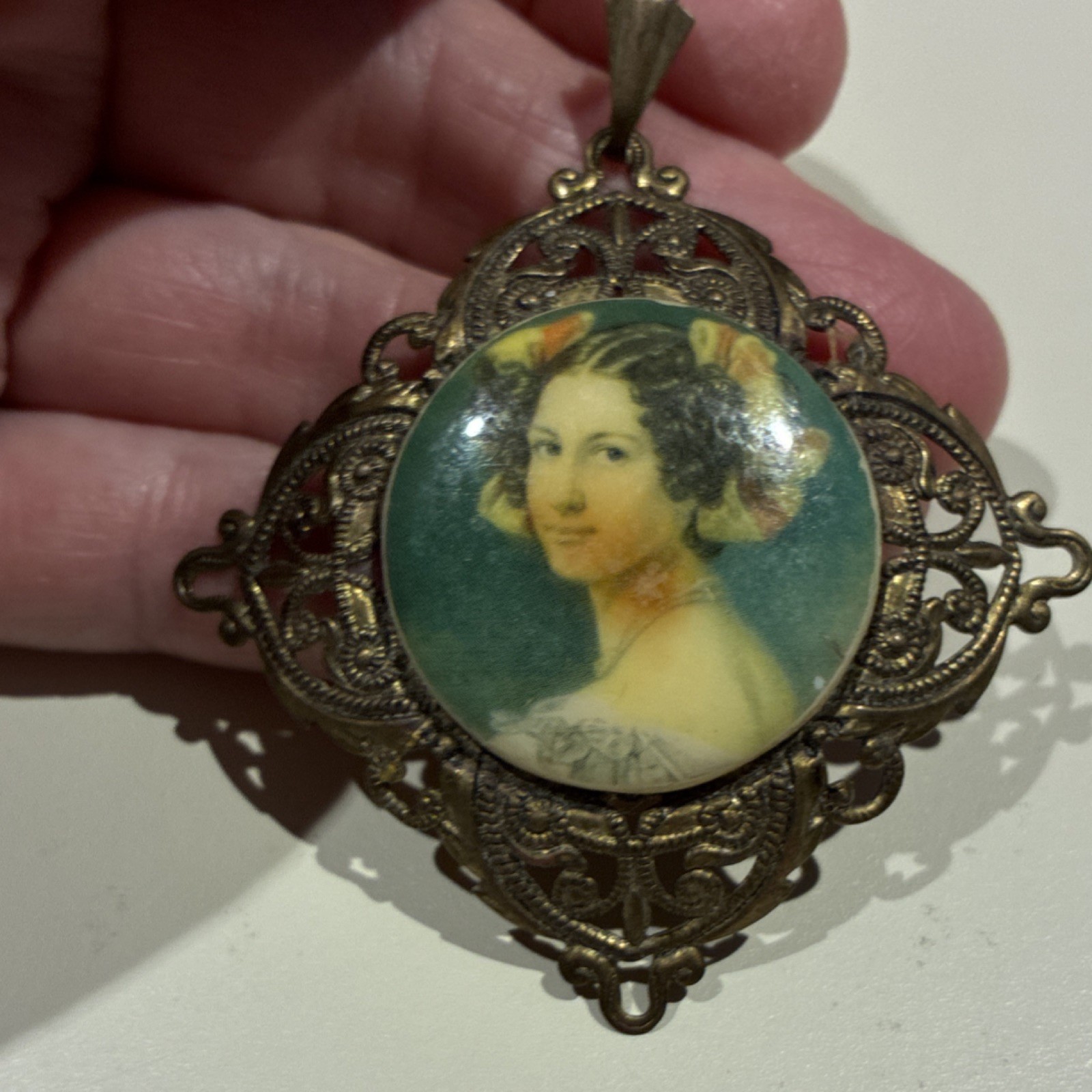 Vintage Brass Filigree Oval Portrait Pendant Gold Tone Art Beauty