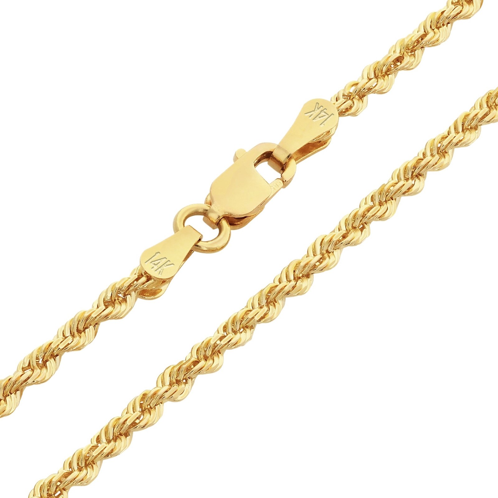 14K Yellow Gold Solid 1.8mm Diamond Cut Rope Link Chain Pendant Necklace 16″-30″