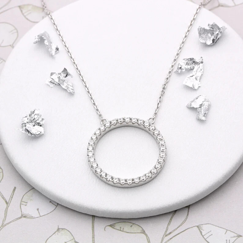 925 Sterling Silver Cubic Zirconia Circle Pendant Necklace For Women – 18″