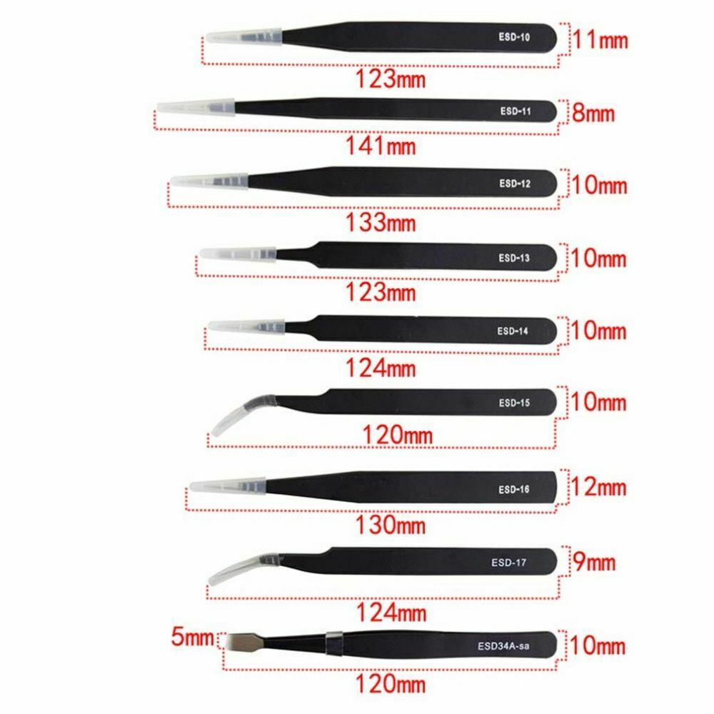 10pc ESD Tweezers Precision Set Stainless Steel For Electronics & Jewelry Repair