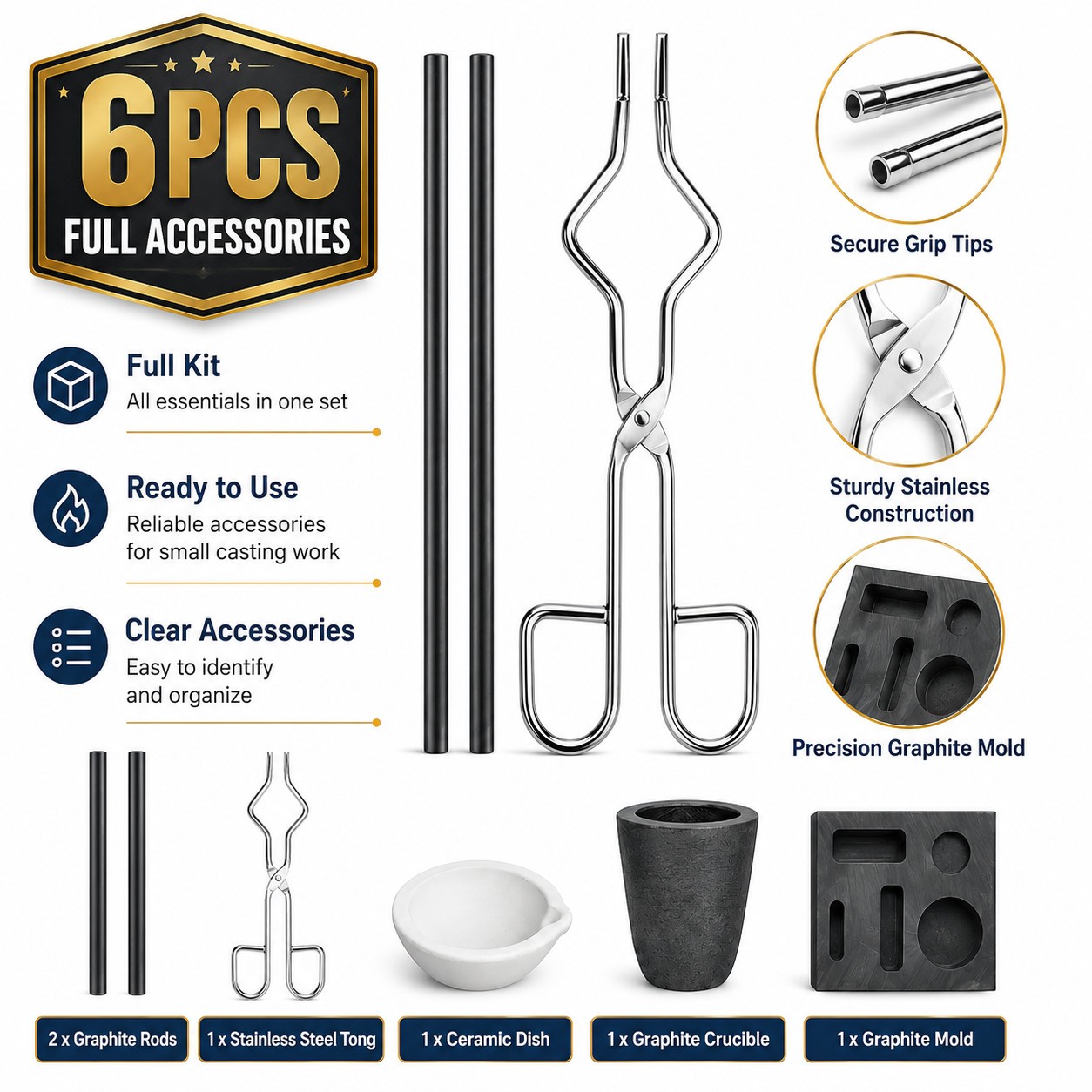 6Pack Metal Melting Refining Kit Graphite Mold Crucible Tongs Rods Copper