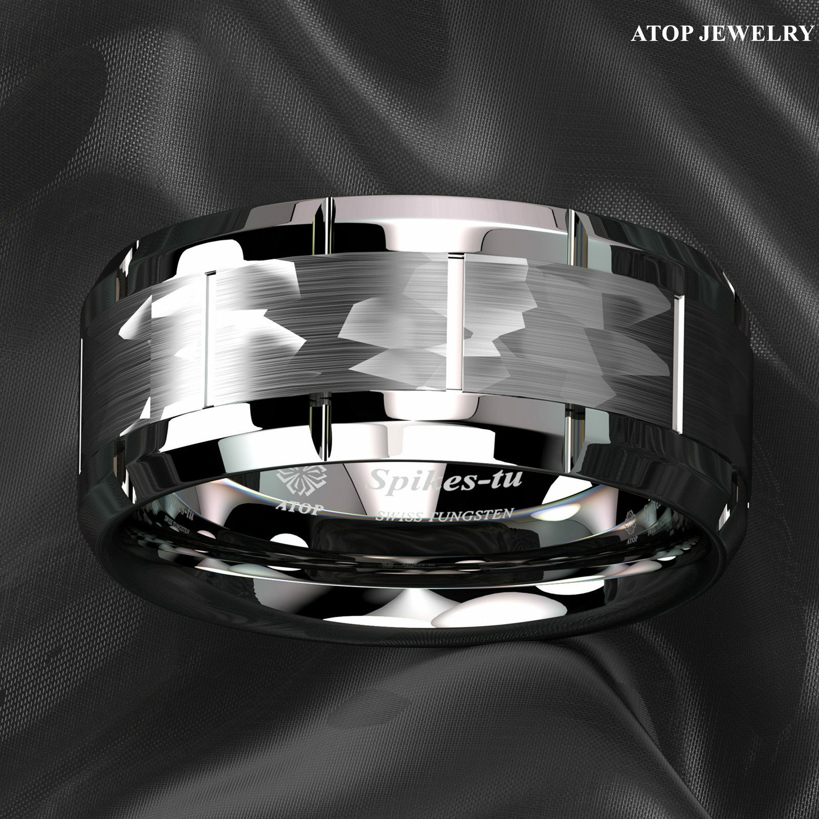 Silver Brushed Hammered Tungsten Carbide Ring for Men Wedding Band ATOP Jewelry