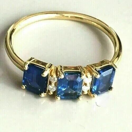 3.CT Three Stone Wedding Ring Lab Created Sapphire 14K Yellow Gold Plated Silver