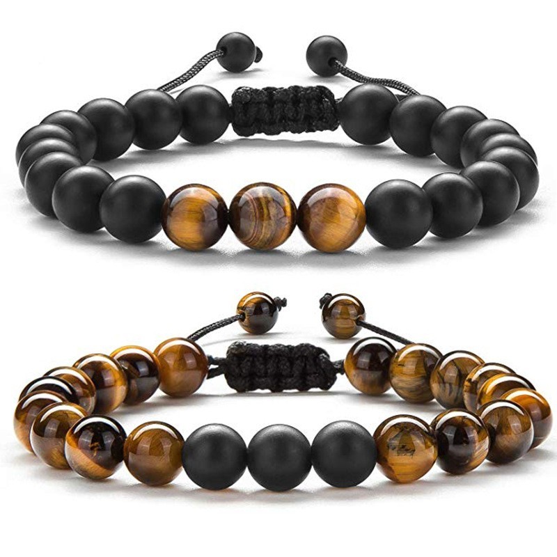 2Pcs Adjustable 8mm Tiger Eye Matte Agate Natural Stone Beaded Bracelet Men Gift