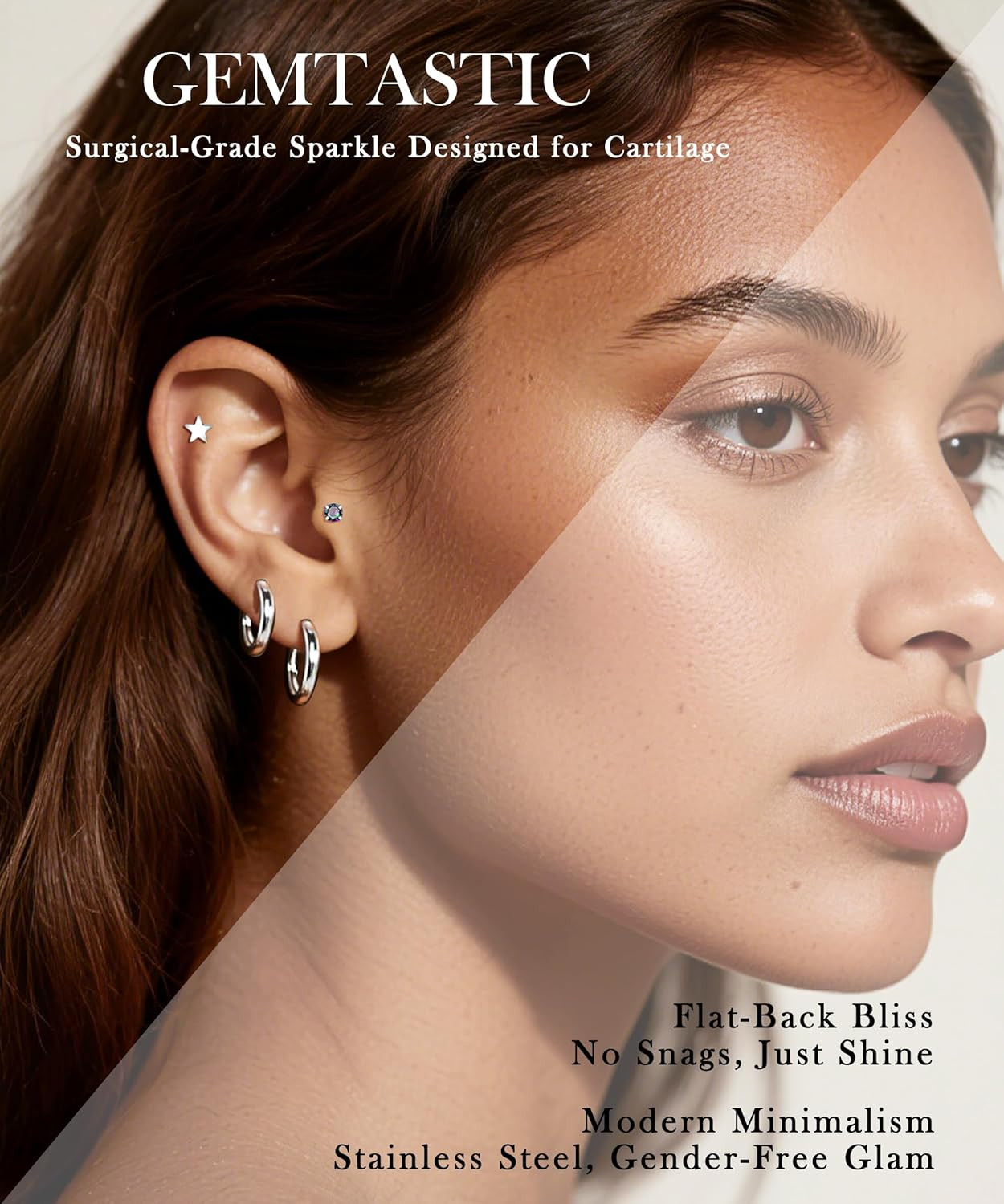 Flat Back Stud Cartilage Earrings Set for Sensitive Ears, Silver, Multiple Pierc
