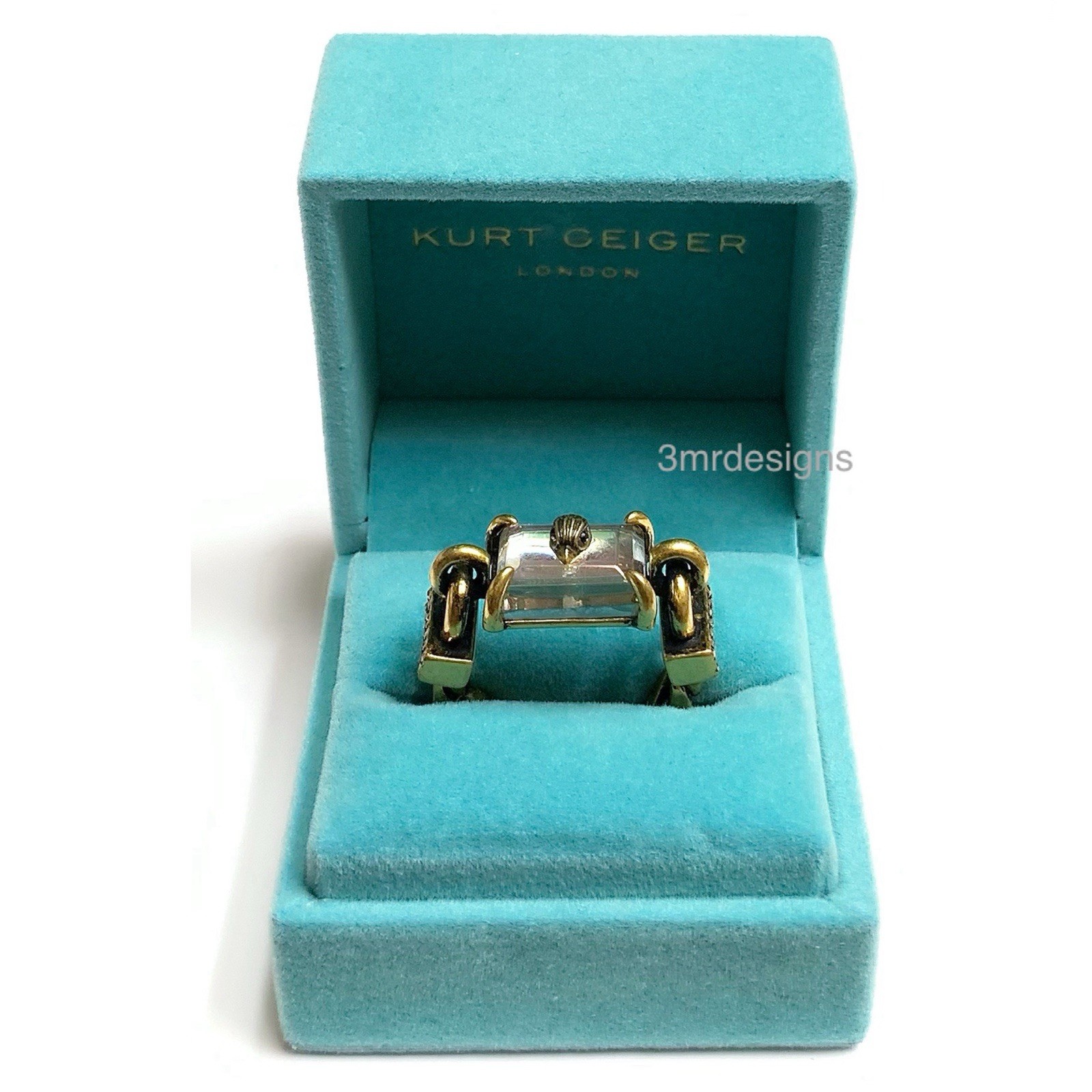 NIB KURT GEIGER EAGLE HEAD Antique Gold Tone Iridescent Crystal Ring-Sz.9