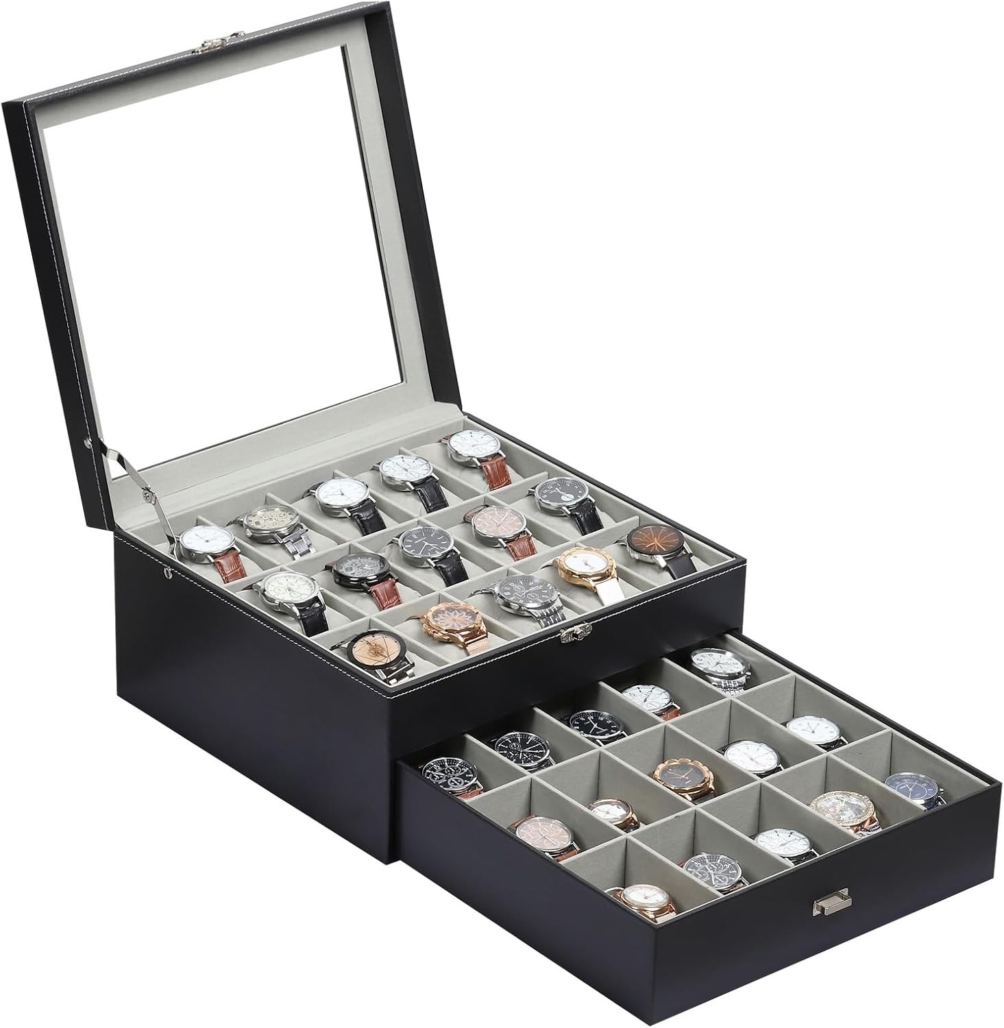 Watch Box Organizer with Glass Top & Lockable Drawer,2 Layers Holds 30 Watches