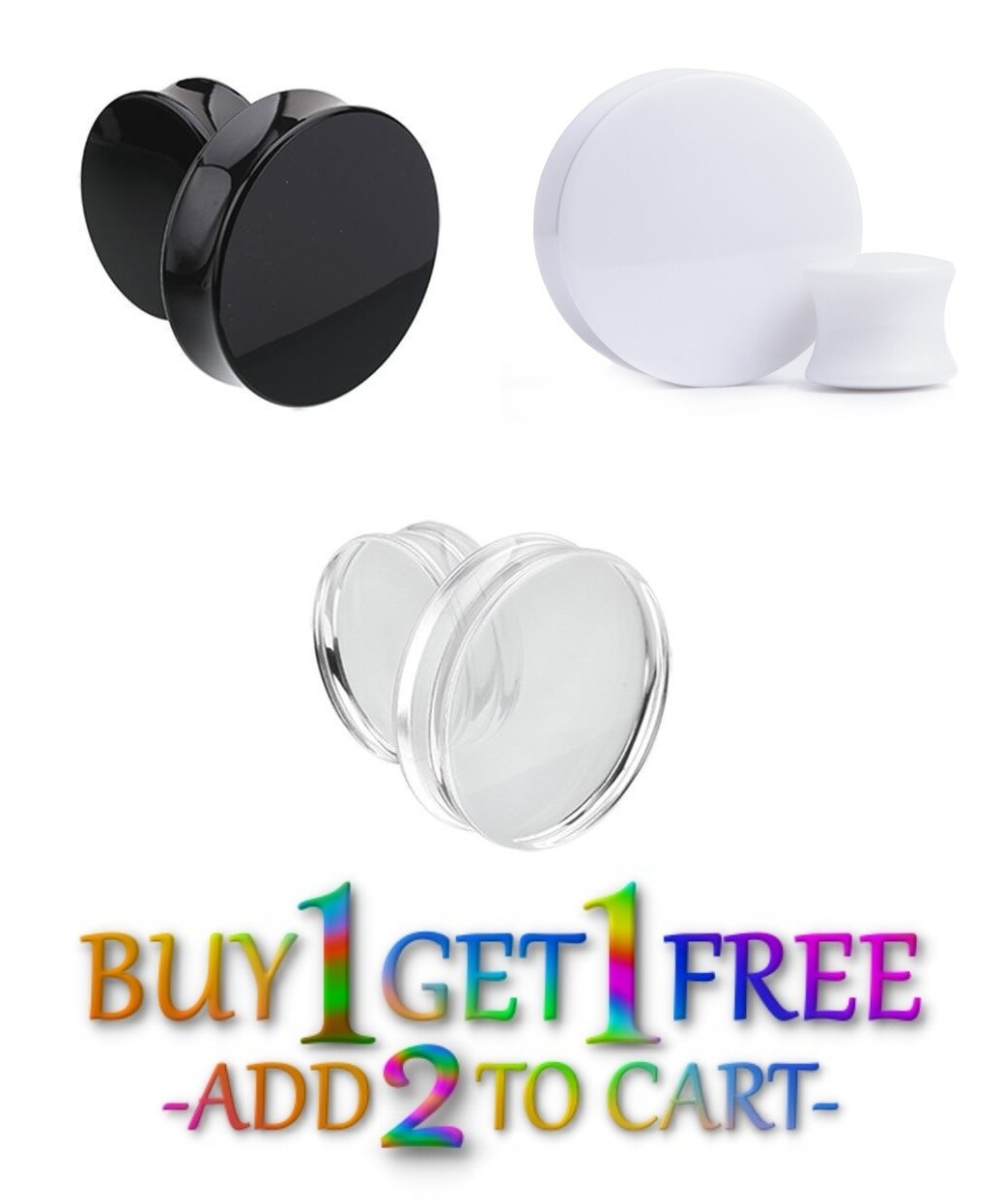 Pair 8g-50mm CLEAR ACRYLIC PLUGS Double Flare Gauges Solid Body Ear Tunnel 3040