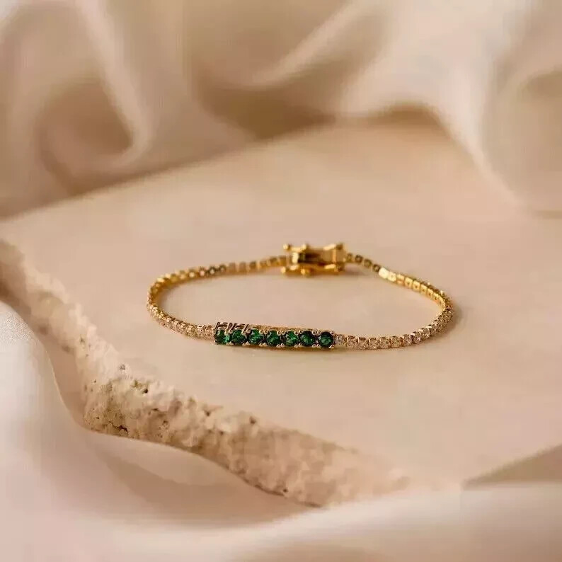 7Ct Round Cut Lab Created Green Emerald Tennis Bracelet 14K Yellow Gold Plated
