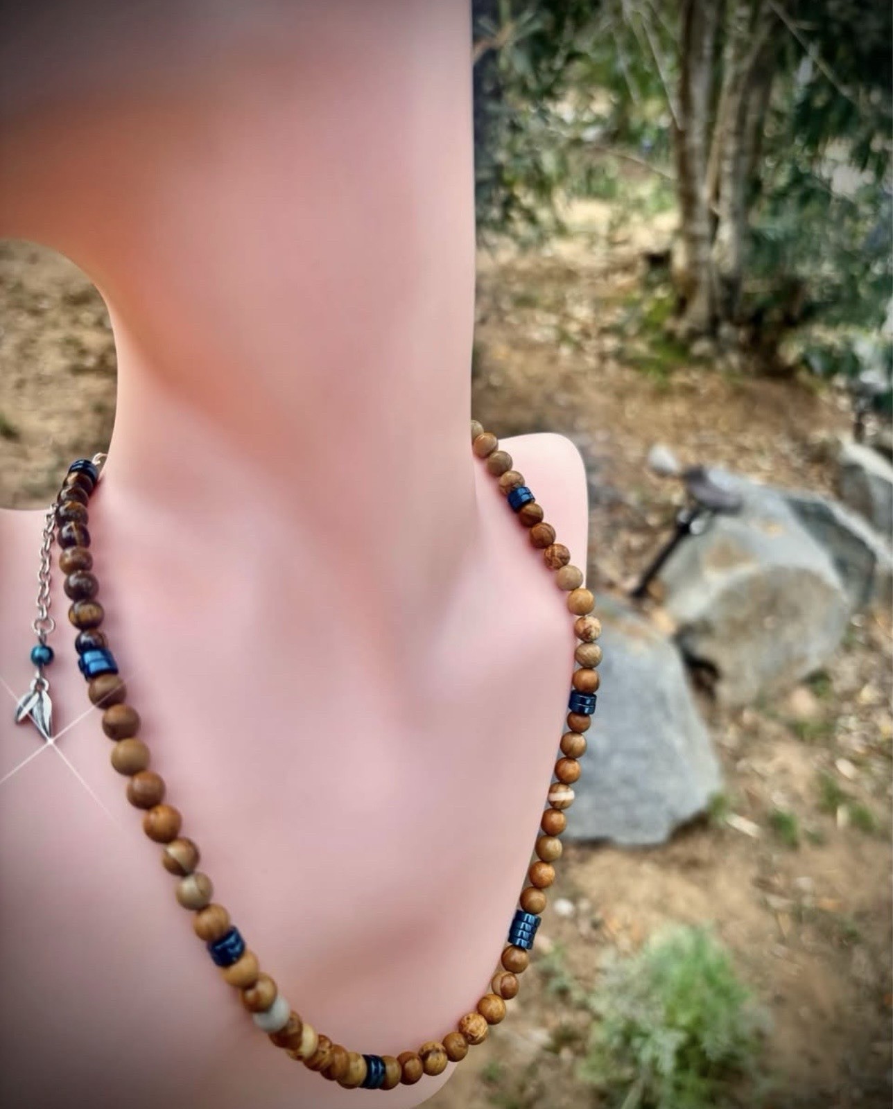 Yellow Jasper & Blue Hematite Bead Necklace w/ Leaf Charm, Adjustable
