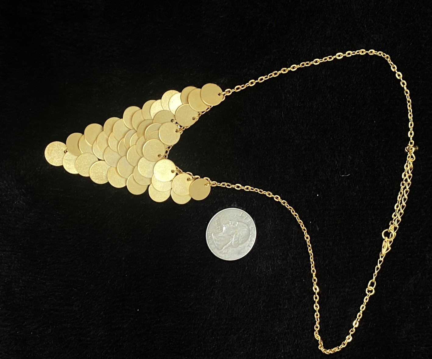 Matte Gold Disc Statement Bib Necklace Cascade Paillette Fringe Modern 16-19”