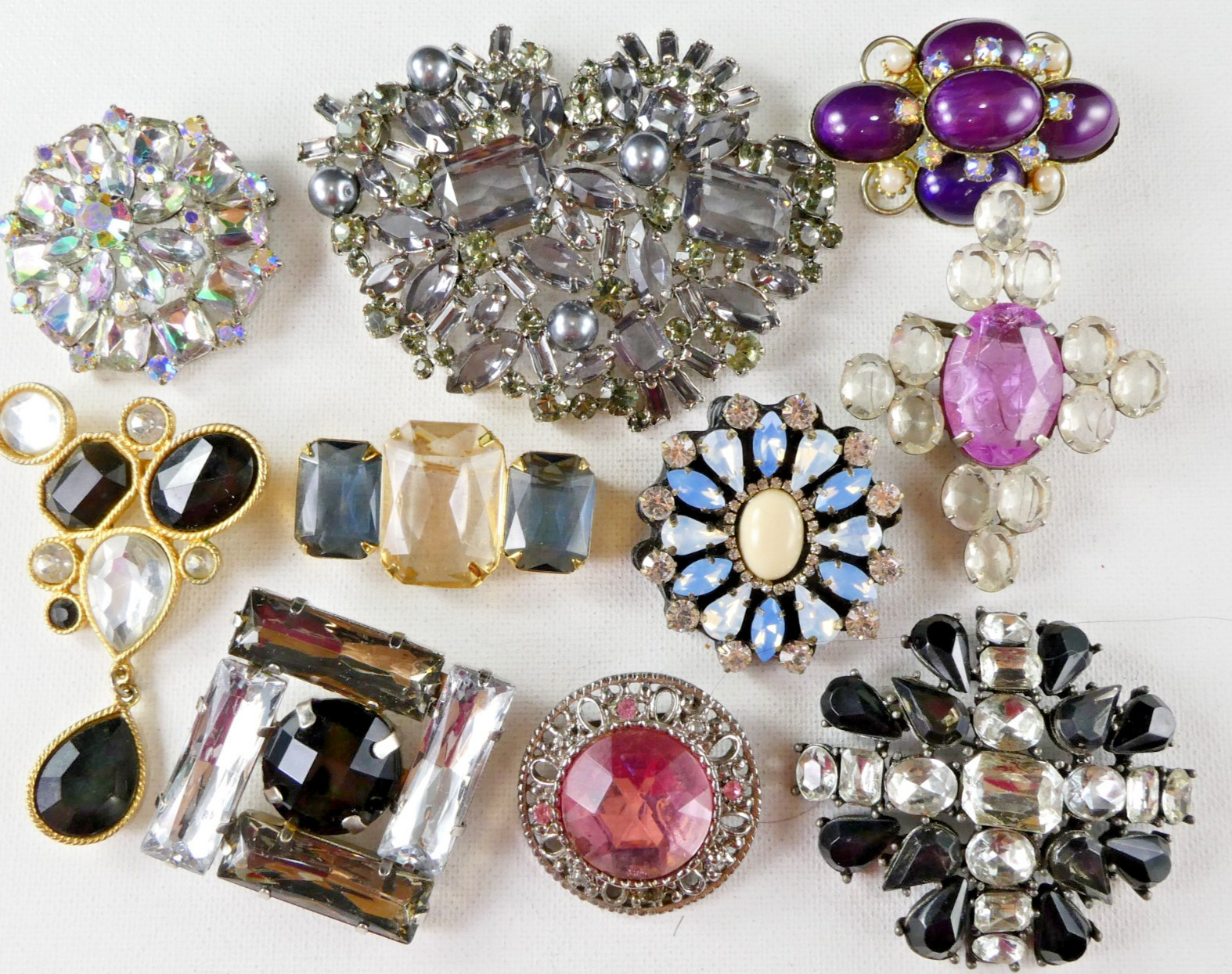 Plastic PIN BROOCH Collection 10 Piece Acrylic Lucite Multi Color Stones Large