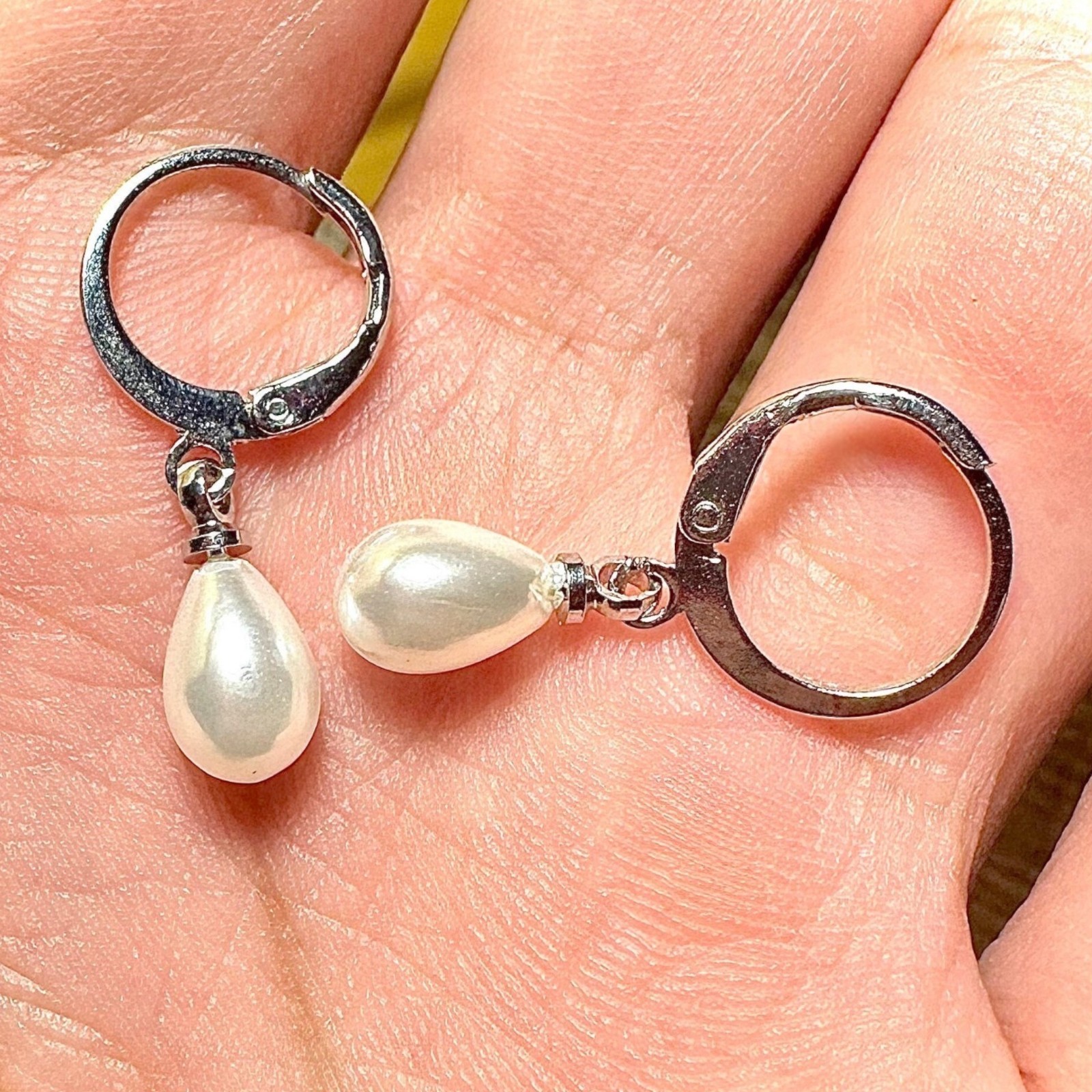 Pearl Drop Earrings 8mm Simulated Pearl Silver Plated Huggie Dangle